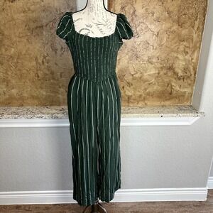 Abercrombie & Fitch Jumpsuit LP Wide Leg Short Sleeve Smocked Striped Green Gray